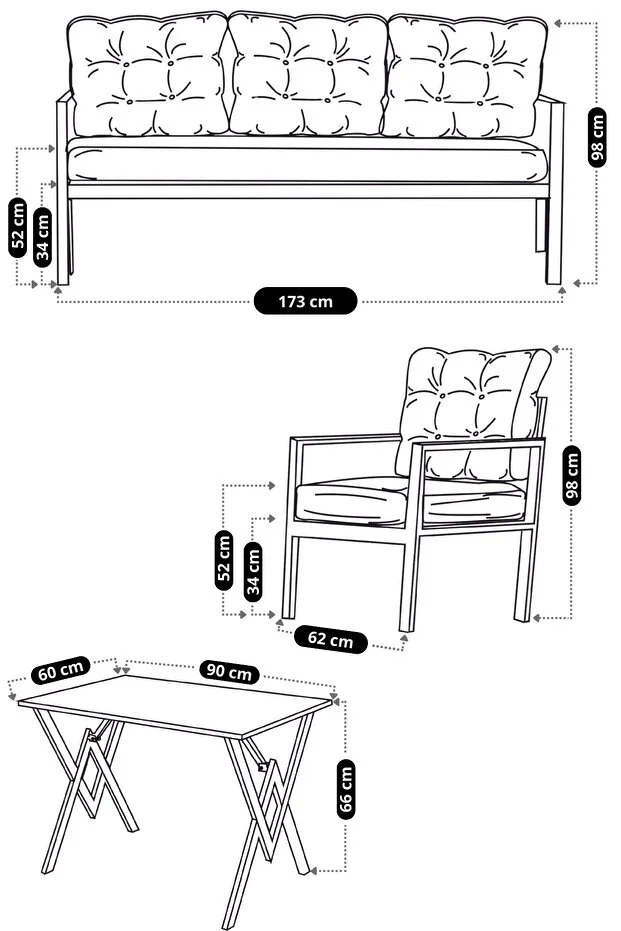 Miray 311 Masalı Antrasit Fermuarlı Bahçe Balkon Takımı, Salon, Teras- Berjer Düğmeli Metal Çay Seti